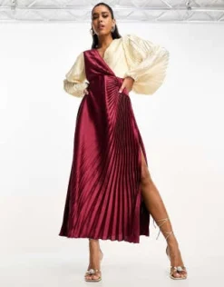 ASOS DESIGN - Vestito Midi Avvolgente In Raso Lampone E Crema Color Block A Pieghe Con Bottoni