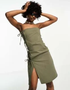 COLLUSION - Vestito A Fascia In Bengalina Kaki Con Dettagli Allacciati