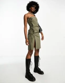 COLLUSION - Vestito A Fascia In Bengalina Kaki Con Dettagli Allacciati -Vendite ASOS Maternity || RIVER ISLAND || Monki 204875435 4