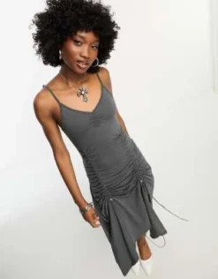 COLLUSION - Vestito Midi Grigio Raccolto Con Spalline Sottili