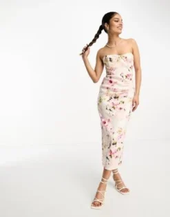 True Violet - Vestito Con Gonna Al Polpaccio A Fascia A Corsetto A Fiori