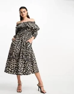 Whistles - Vestito Midi Con Scollo Bardot E Stampa Leopardata