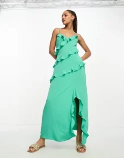 New Look - Vestito Midi In Raso Verde Con Spacco Laterale E Volant