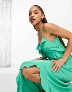 New Look - Vestito Midi In Raso Verde Con Spacco Laterale E Volant -Vendite ASOS Maternity || RIVER ISLAND || Monki 204884040 4