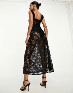 ASOS DESIGN - Vestito In Pizzo Nero Con Gonna Al Polpaccio E Inserto A Reggiseno E Slip -Vendite ASOS Maternity || RIVER ISLAND || Monki 204891831 2