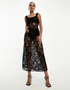 ASOS DESIGN - Vestito In Pizzo Nero Con Gonna Al Polpaccio E Inserto A Reggiseno E Slip -Vendite ASOS Maternity || RIVER ISLAND || Monki 204891831 4