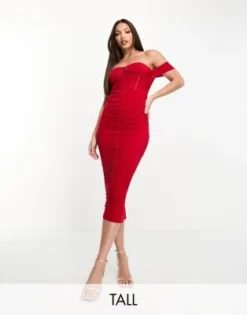 Jaded Rose Tall - Vestito Rosso Trasparente Con Vita Stile Corsetto Arricciato Con Gonna Al Polpaccio