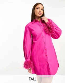 Jaded Rose Tall - Vestito Camicia Corto Rosa Con Piume Sintetiche E Paillettes