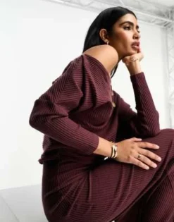 ASOS DESIGN - Vestito Maglia Midi A Coste Super Morbido Color Cioccolato Con Spalle Scivolate -Vendite ASOS Maternity || RIVER ISLAND || Monki 204909364 2