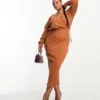 ASOS DESIGN Curve - Vestito Midi A Maniche Lunghe Super Morbido Color Ruggine A Coste A Portafoglio