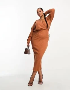 ASOS DESIGN Curve - Vestito Midi A Maniche Lunghe Super Morbido Color Ruggine A Coste A Portafoglio
