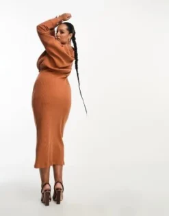 ASOS DESIGN Curve - Vestito Midi A Maniche Lunghe Super Morbido Color Ruggine A Coste A Portafoglio -Vendite ASOS Maternity || RIVER ISLAND || Monki 204910583 4