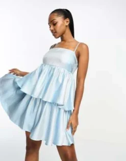 Pieces - Vestito Babydoll Blu Chiaro Metallizzato Con Spalline Sottili