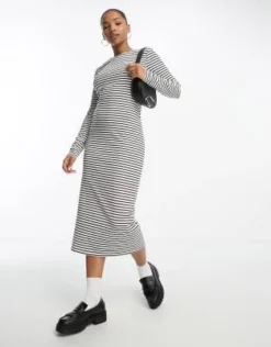 Esclusiva Pieces - Vestito T-shirt Midi Nero E Bianco A Righe