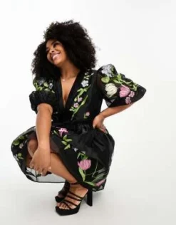 ASOS Edition Curve - Vestito Corto A Maniche Corte In Organza Nero A Fiori Ricamati -Vendite ASOS Maternity || RIVER ISLAND || Monki 204937002 2