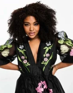 ASOS Edition Curve - Vestito Corto A Maniche Corte In Organza Nero A Fiori Ricamati -Vendite ASOS Maternity || RIVER ISLAND || Monki 204937002 3