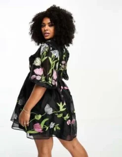 ASOS Edition Curve - Vestito Corto A Maniche Corte In Organza Nero A Fiori Ricamati -Vendite ASOS Maternity || RIVER ISLAND || Monki 204937002 4