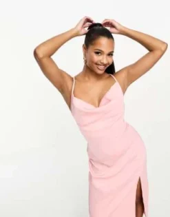 Esclusiva In The Style Petite - Vestito Lungo In Raso Rosa Tenue Con Scollo Ad Anello E Lacci Sul Retro -Vendite ASOS Maternity || RIVER ISLAND || Monki 204939004 4