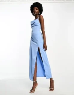 Esclusiva In The Style Tall - Vestito Lungo In Raso Blu Con Scollo Ad Anello E Lacci Sul Retro -Vendite ASOS Maternity || RIVER ISLAND || Monki 204939052 4