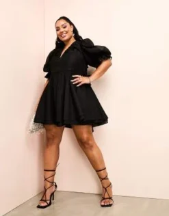 ASOS LUXE Curve - Vestito Skater Corto Con Scollo A V In Organza Nero -Vendite ASOS Maternity || RIVER ISLAND || Monki 204939253 3