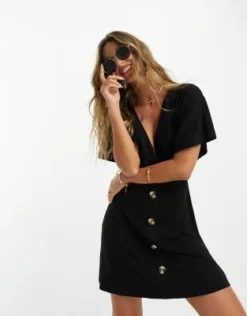 ASOS DESIGN - Vestito Da Giorno Corto Nero Con Bottoni E Maniche Con Volant