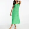 Monki - Vestito Midi Verde A Fiorellini Con Spacco E Fascette Sottili