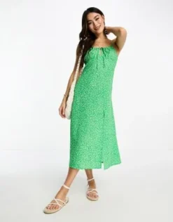 Monki - Vestito Midi Verde A Fiorellini Con Spacco E Fascette Sottili