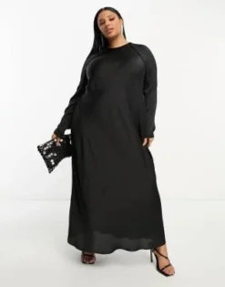 ASOS DESIGN Curve - Vestito Lungo Asimmetrico In Raso Nero Con Bottoni