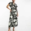 ASOS DESIGN - Vestito Midi Con Scollo A V E Cintura Bianco E Nero A Fiori