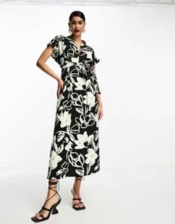 ASOS DESIGN - Vestito Midi Con Scollo A V E Cintura Bianco E Nero A Fiori