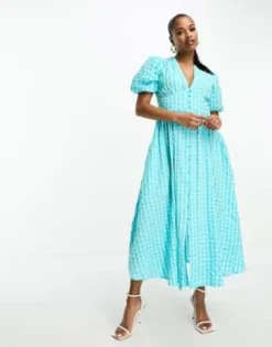 Nobody's Child Petite - Starlight - Vestito Midi Blu A Quadri Con Maniche A Sbuffo -Vendite ASOS Maternity || RIVER ISLAND || Monki 204954083 3