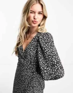 Monki - Vestito Midi A Maniche Lunghe Con Scollo A V Nero Con Stampa Prato Multi -Vendite ASOS Maternity || RIVER ISLAND || Monki 204972105 4