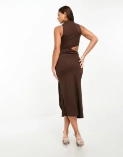 ASOS DESIGN Tall - Vestito Midi Accollato Con Drappeggio E Cut-out Color Cioccolato -Vendite ASOS Maternity || RIVER ISLAND || Monki 204986843 3