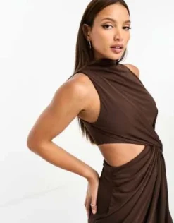 ASOS DESIGN Tall - Vestito Midi Accollato Con Drappeggio E Cut-out Color Cioccolato -Vendite ASOS Maternity || RIVER ISLAND || Monki 204986843 4