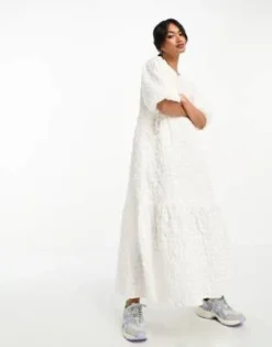 River Island - Vestito Midi In Tessuto Stropicciato A Punto Smock Bianco Con Maniche A Sbuffo -Vendite ASOS Maternity || RIVER ISLAND || Monki 204989859 4