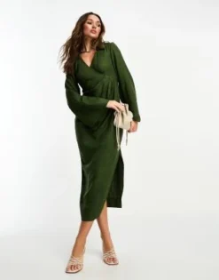ASOS DESIGN - Vestito Midi A Portafoglio Con Maniche A Campana E Colletto Verde Scuro Raccolto In Vita