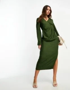 ASOS DESIGN - Vestito Midi A Portafoglio Con Maniche A Campana E Colletto Verde Scuro Raccolto In Vita -Vendite ASOS Maternity || RIVER ISLAND || Monki 205022204 3