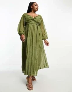 ASOS DESIGN Curve - Vestito Midi Verde Oliva In Plumetis Con Maniche Lunghe Attorcigliato Sul Davanti
