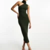 ASOS DESIGN - Vestito Midi Kaki Allacciato Al Collo Monospalla