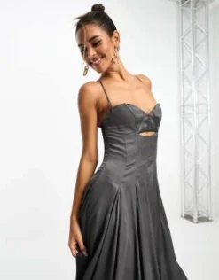 ASOS DESIGN - Vestito Midi In Raso Antracite Con Spalline Sottili, Dettaglio A Corsetto E Gonna A Ruota -Vendite ASOS Maternity || RIVER ISLAND || Monki 205072960 4