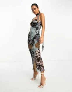 ASOS DESIGN - Vestito Midi A Fascia In Chiffon Con Stampa Mista E Laccetto Annodato Al Collo Abbinato