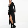 ASOS DESIGN - Vestito Midi Avvolgente A Maniche Lunghe Nero Testurizzato Con Laccio Laterale