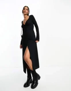 ASOS DESIGN - Vestito Midi Avvolgente A Maniche Lunghe Nero Testurizzato Con Laccio Laterale