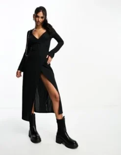 ASOS DESIGN - Vestito Midi Avvolgente A Maniche Lunghe Nero Testurizzato Con Laccio Laterale -Vendite ASOS Maternity || RIVER ISLAND || Monki 205123392 3