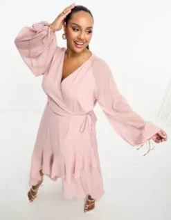 Esclusiva ASOS DESIGN Curve - Vestito Midi A Maniche Lunghe Avvolgente In Chiffon Rosa Polvere -Vendite ASOS Maternity || RIVER ISLAND || Monki 205126170 4