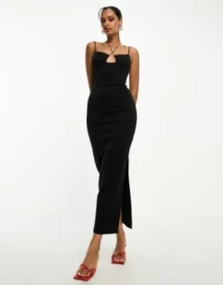 ASOS DESIGN - Vestito Midi Nero Con Spalline Sottili