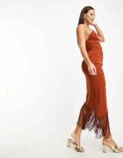 ASOS DESIGN Tall - Vestito Midi Monospalla Drappeggiato Color Ruggine Con Frange -Vendite ASOS Maternity || RIVER ISLAND || Monki 205141605 4