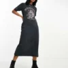 ASOS DESIGN - Vestito T-shirt Midi Antracite Slavato Con Stampa Di Teschio