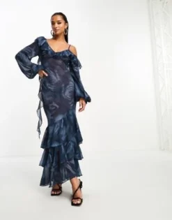 ASOS DESIGN Petite - Vestito Lungo Blu A Fiori Trasparente Con Volant Sulle Spalline -Vendite ASOS Maternity || RIVER ISLAND || Monki 205148280 3