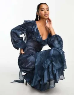 ASOS DESIGN Petite - Vestito Lungo Blu A Fiori Trasparente Con Volant Sulle Spalline -Vendite ASOS Maternity || RIVER ISLAND || Monki 205148280 4